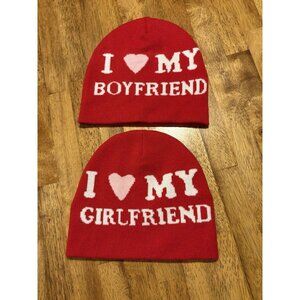 Set of Beanies I Love My Boyfriend Girlfriend Red Y2K Couple Knit Heart Winter